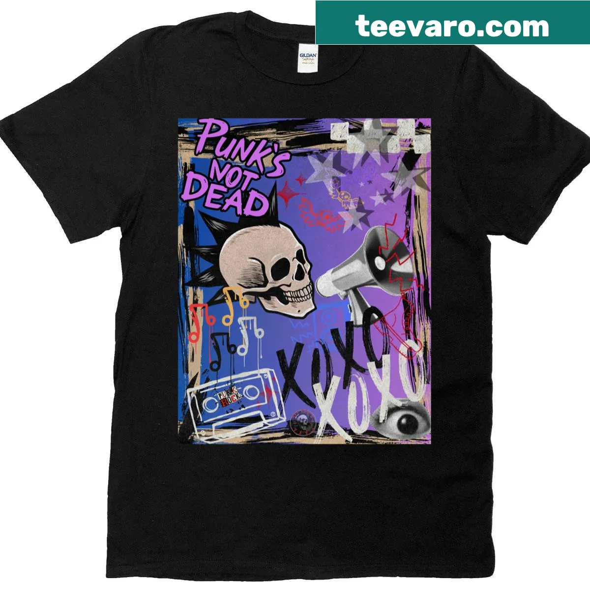 Bold typography design stating 'Punks Not Dead' on a t-shirt — on a men's t-shirt