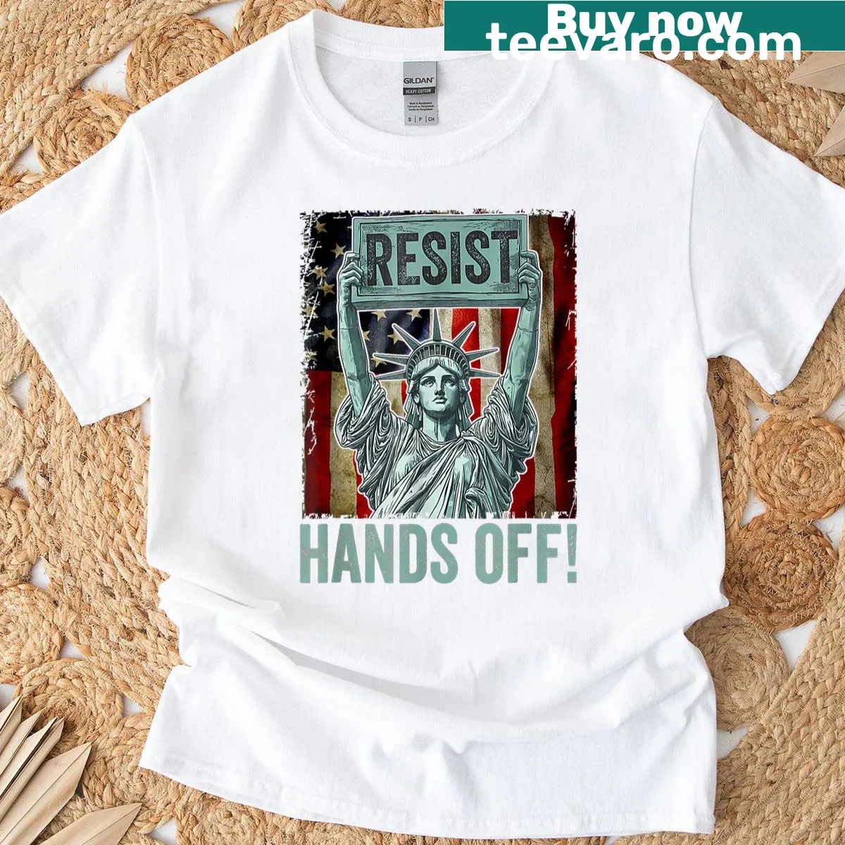 Statue of Liberty graphic T-shirt with a protest message — on a men's t-shirt