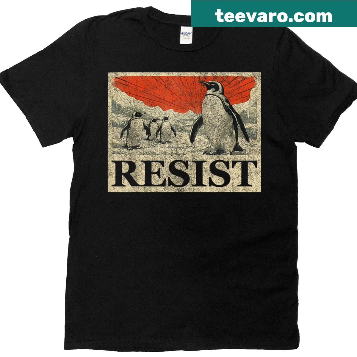 Anime-style penguin activism graphic t-shirt — on a men's t-shirt