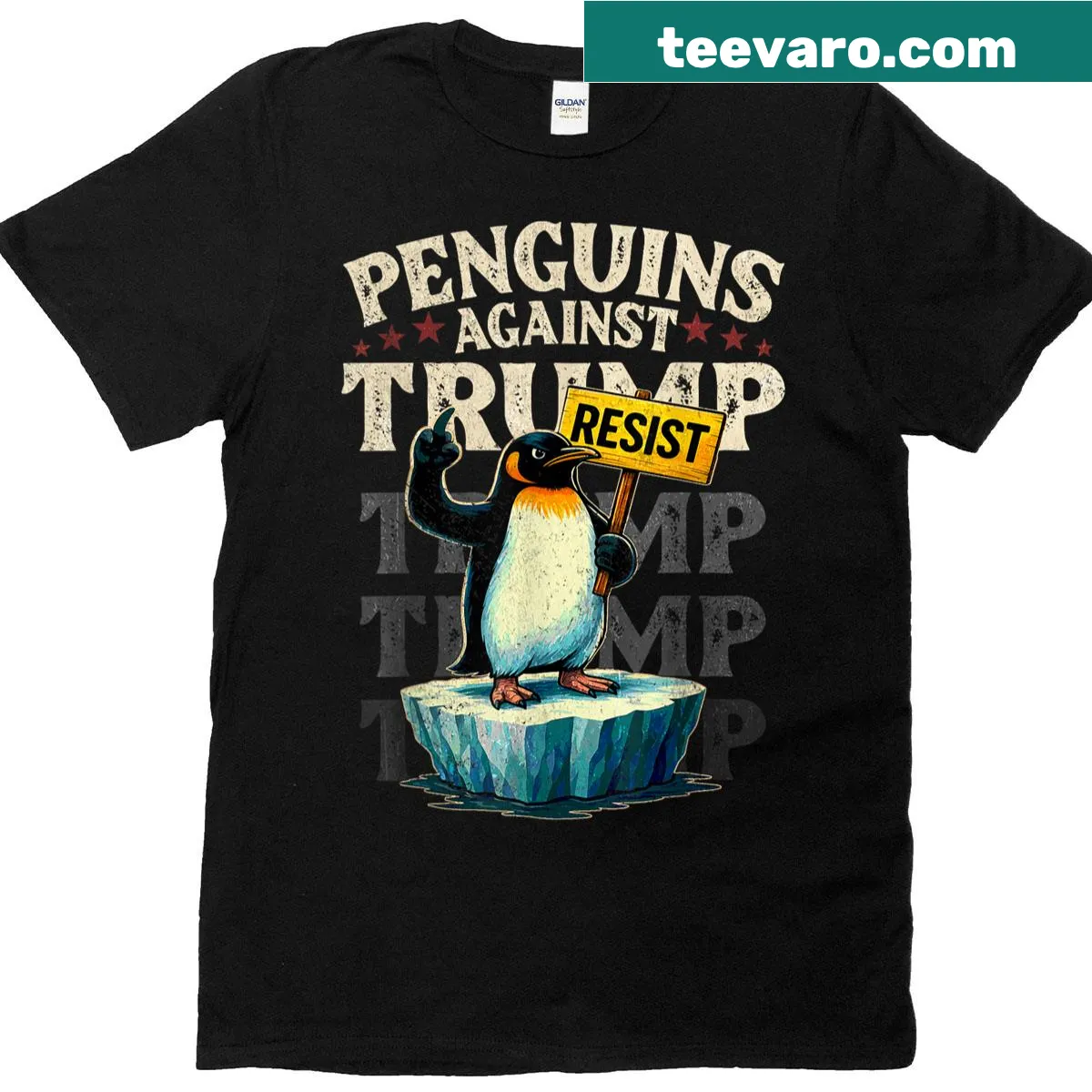 Graphic T-shirt featuring protesting penguins in a humorous illustration — on a men's t-shirt
