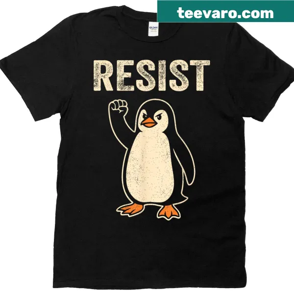 Political satire T-shirt with graphic of activist penguins.