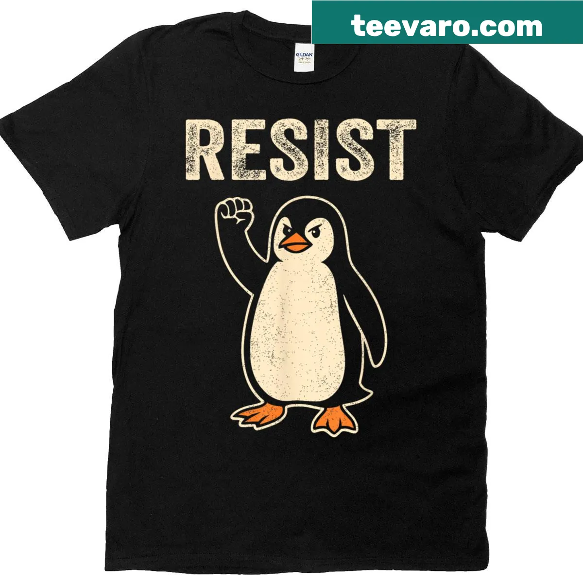 Political satire T-shirt with graphic of activist penguins. — on a men's t-shirt