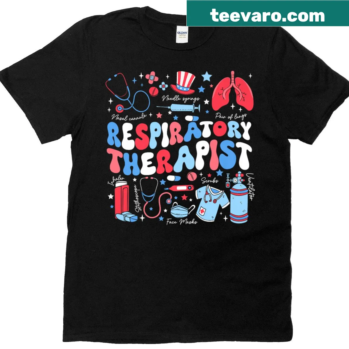 American flag and lung design for respiratory therapists on a t-shirt — on a men's t-shirt