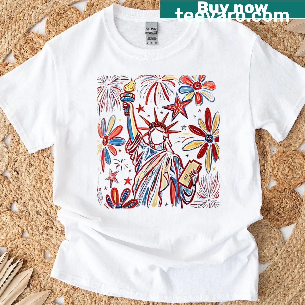 Vintage-style t-shirt with a retro Statue of Liberty and America text — on a men's t-shirt