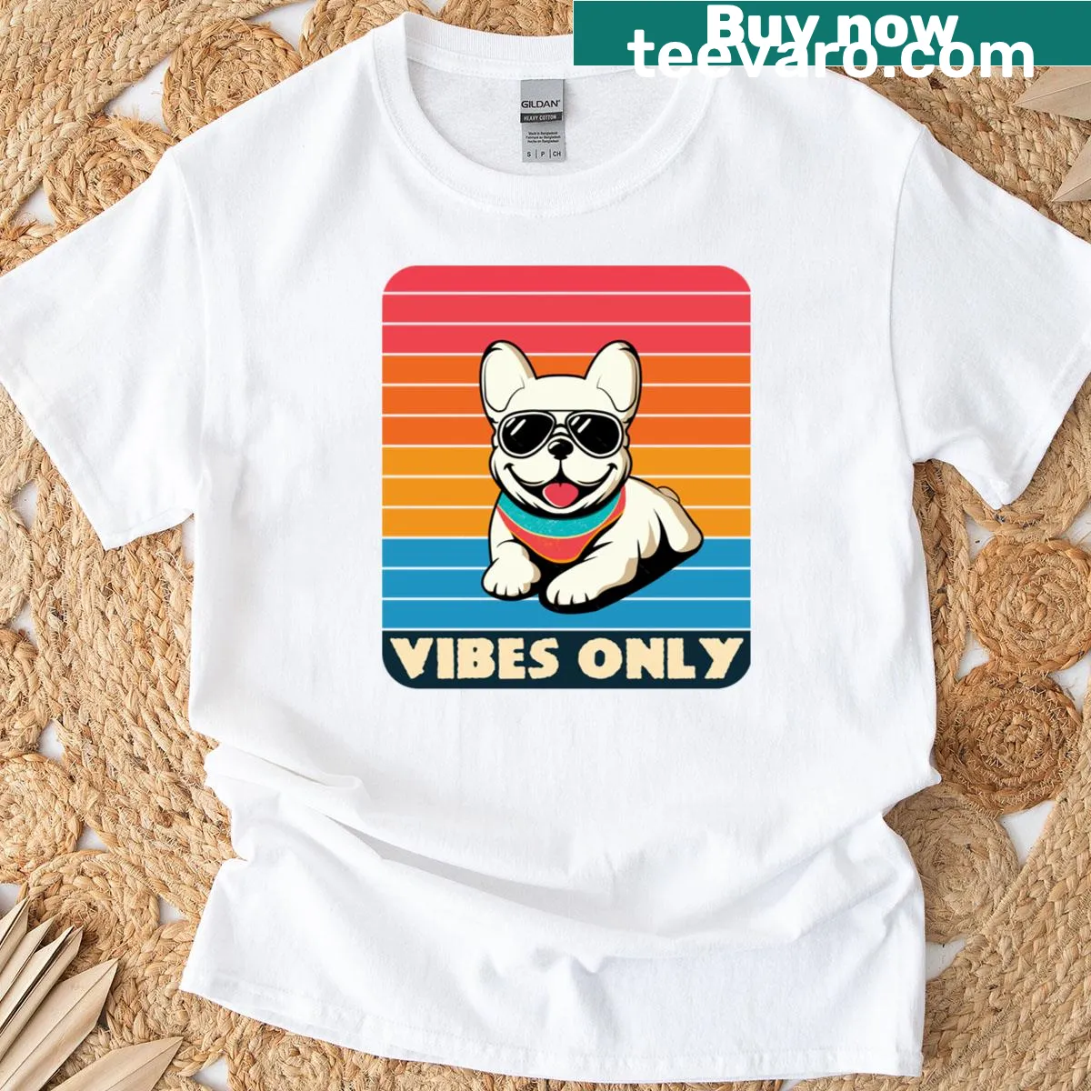 Retro bulldog graphic with 'Vibes Only' text — on a men's t-shirt