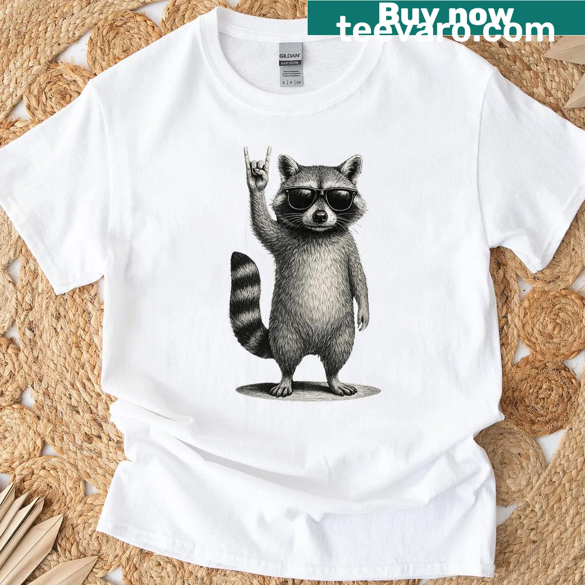 Funny t-shirt with a raccoon playing music in a retro style — on a men's t-shirt