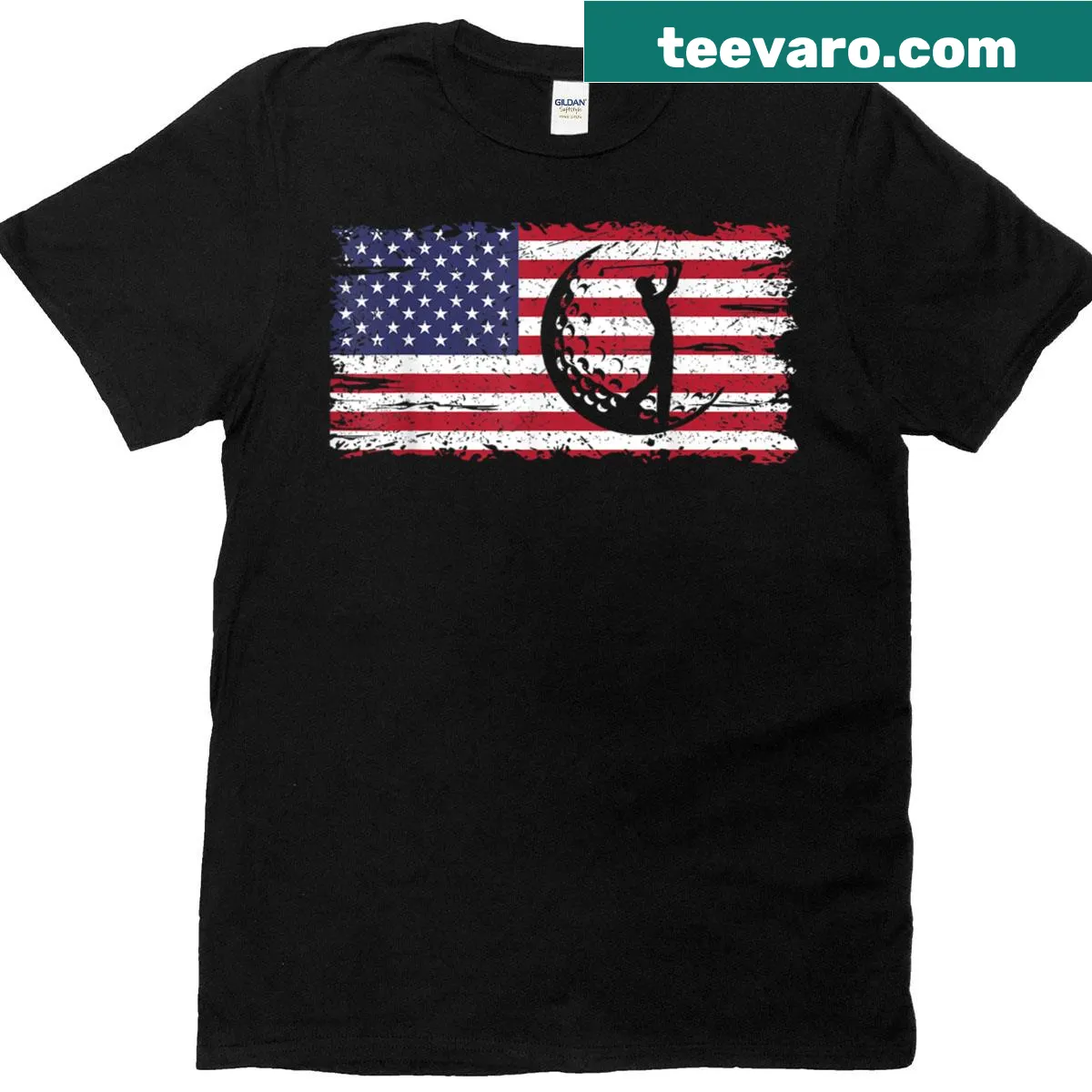T-shirt featuring a retro US flag design with golf elements — on a men's t-shirt
