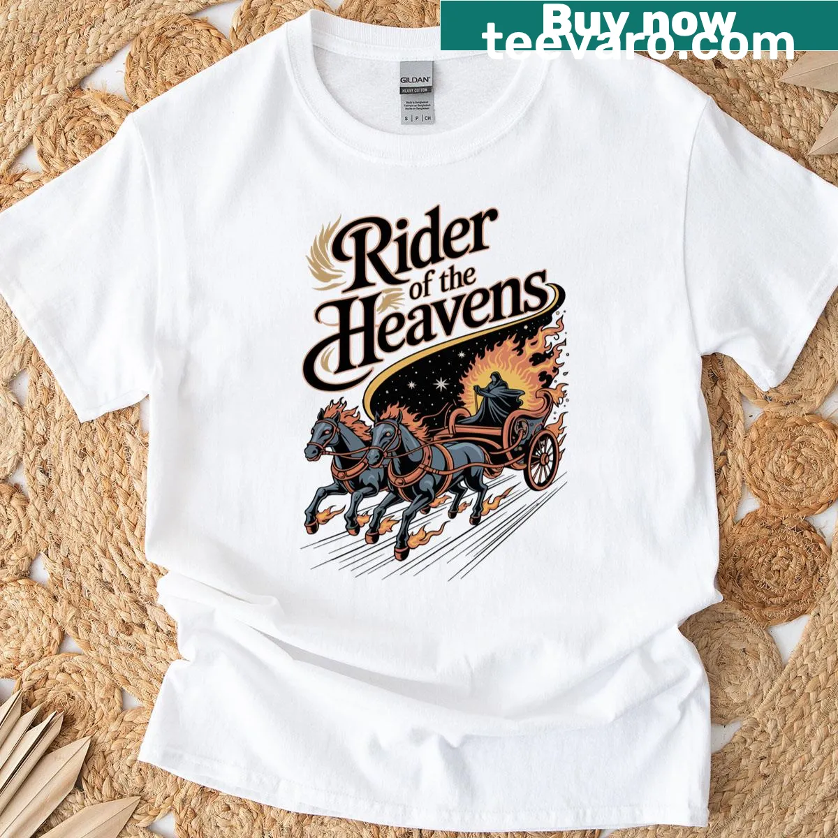 Fantasy t-shirt featuring a warrior on a celestial chariot — on a men's t-shirt