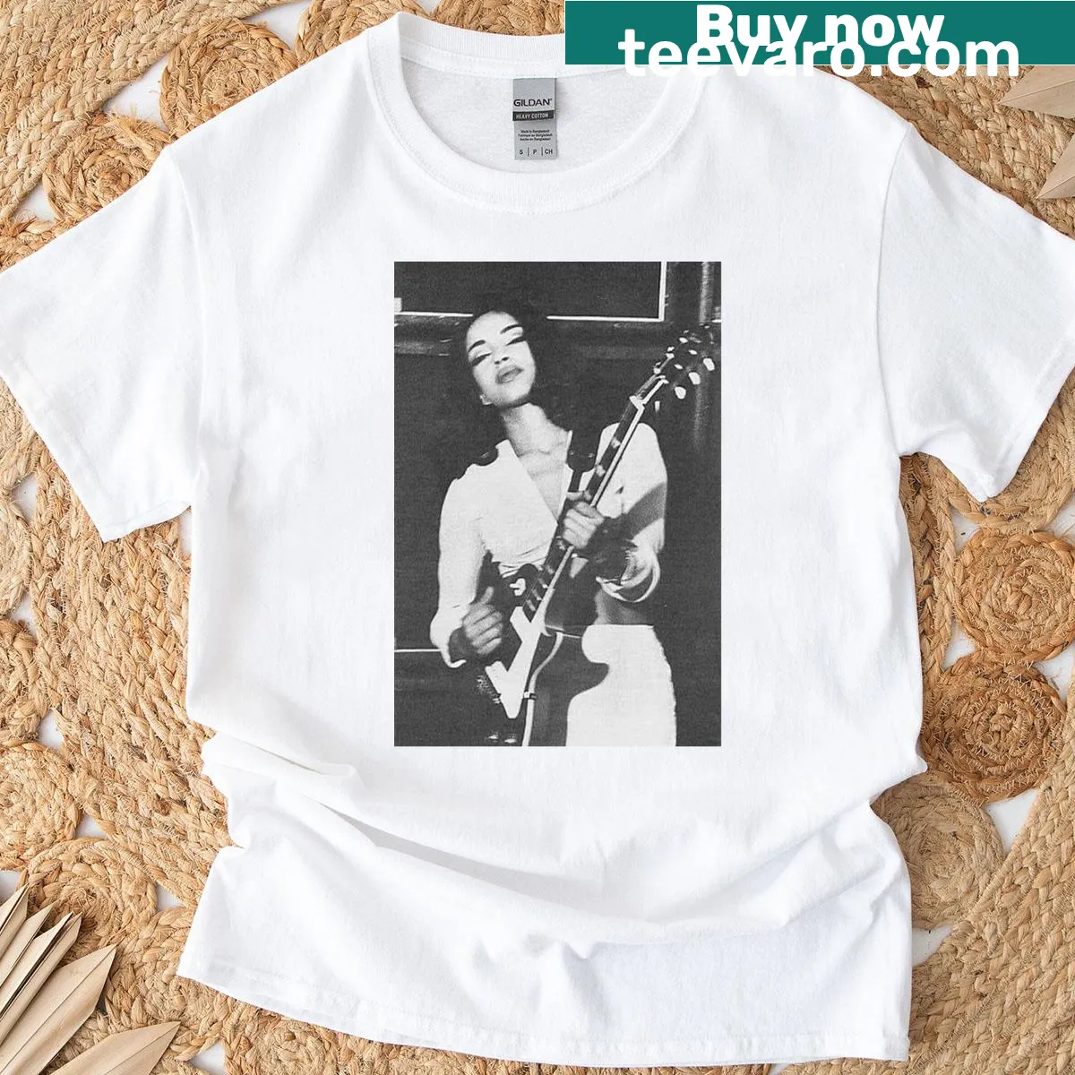 Artistic illustration of Sade playing the guitar on a T-shirt — on a men's t-shirt