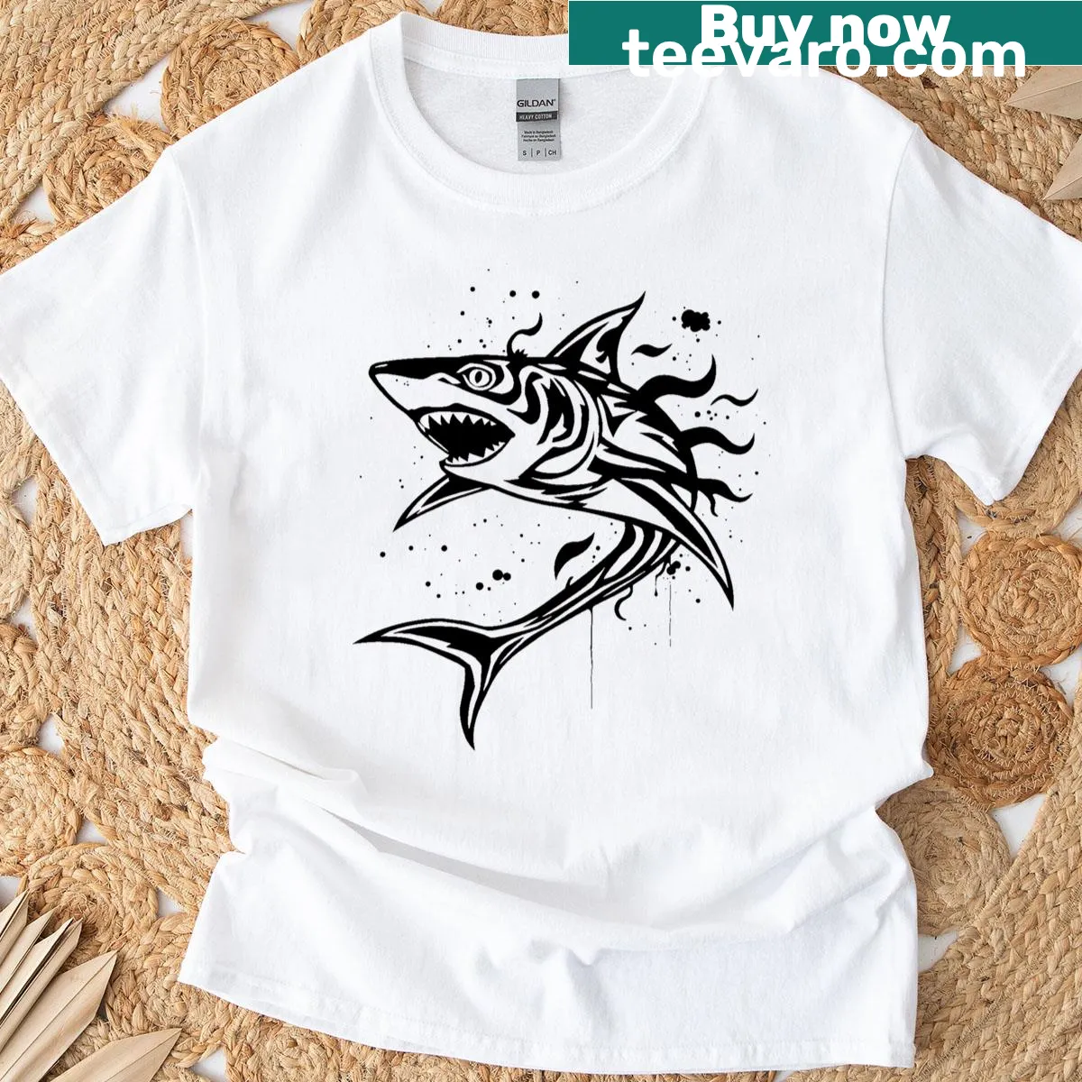 Shark graphic T-shirt for ocean lovers with a playful design. — on a men's t-shirt