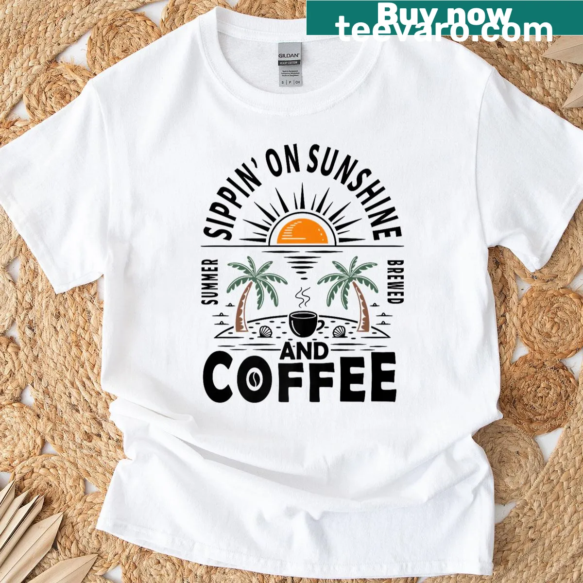 Retro-themed T-shirt celebrating coffee and sunshine — on a men's t-shirt