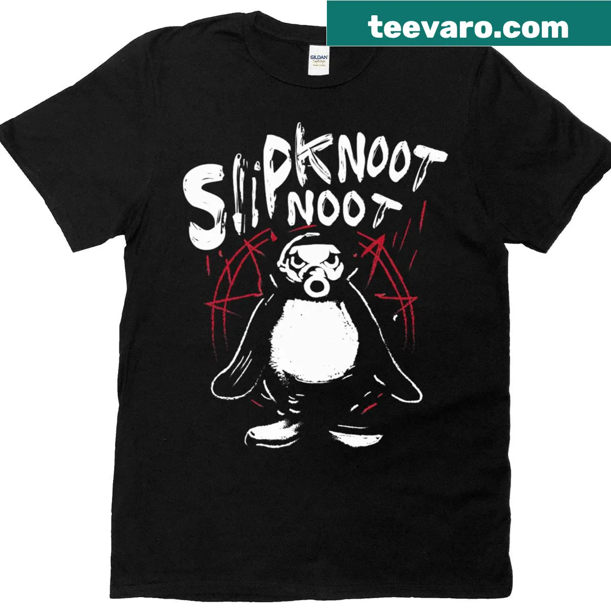 Penguin graphic with elements of death metal on a t-shirt — on a men's t-shirt