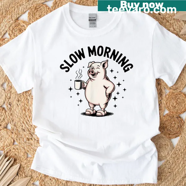 Cute pig illustration enjoying coffee on a t-shirt