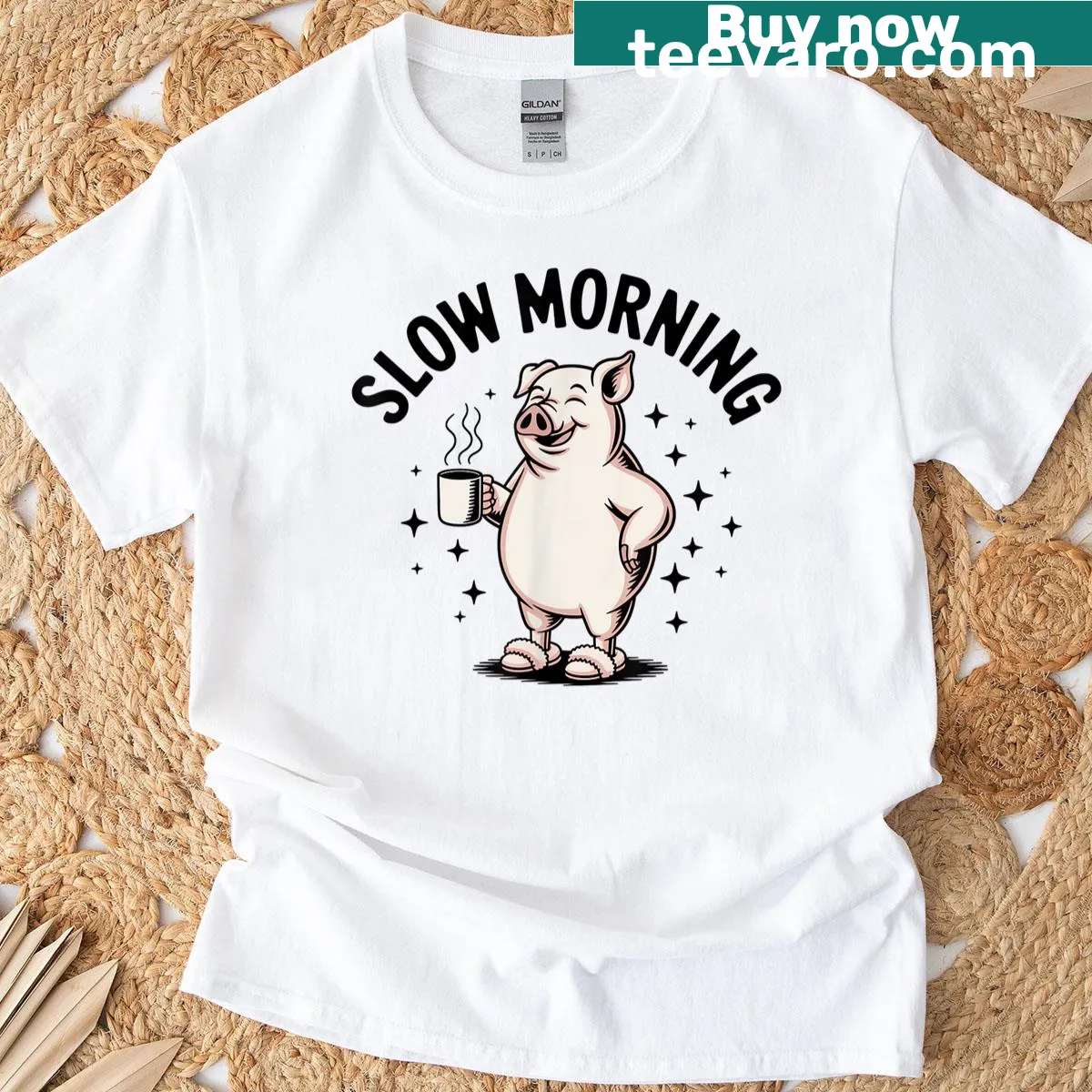 Cute pig illustration enjoying coffee on a t-shirt — on a men's t-shirt