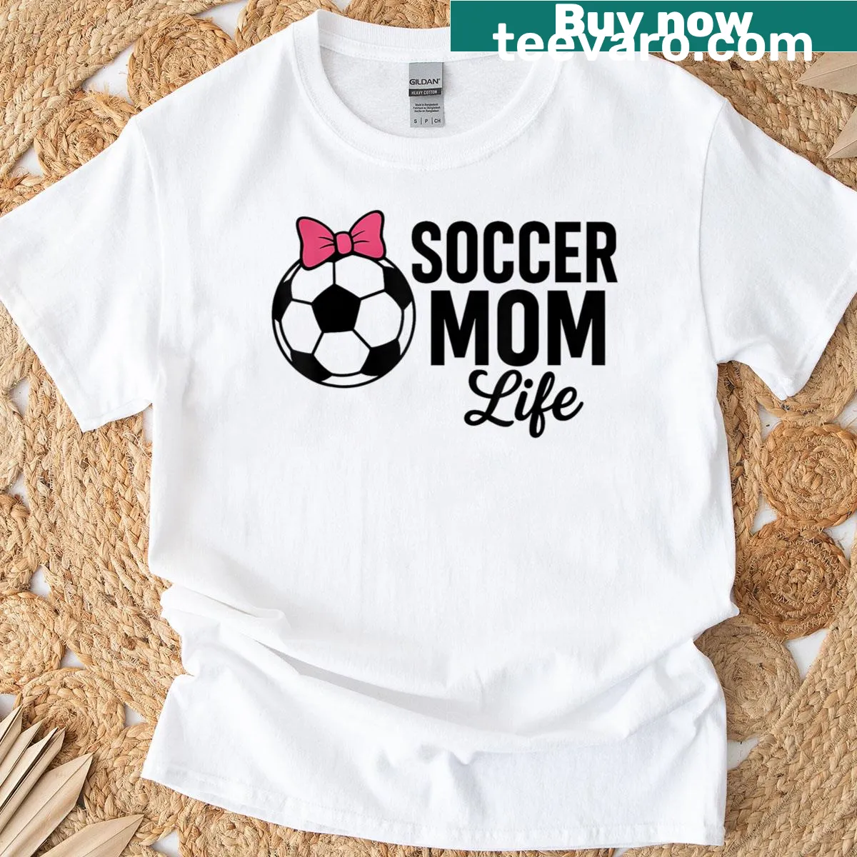 Cute soccer mom t-shirt with pink bow and soccer ball graphic — on a men's t-shirt