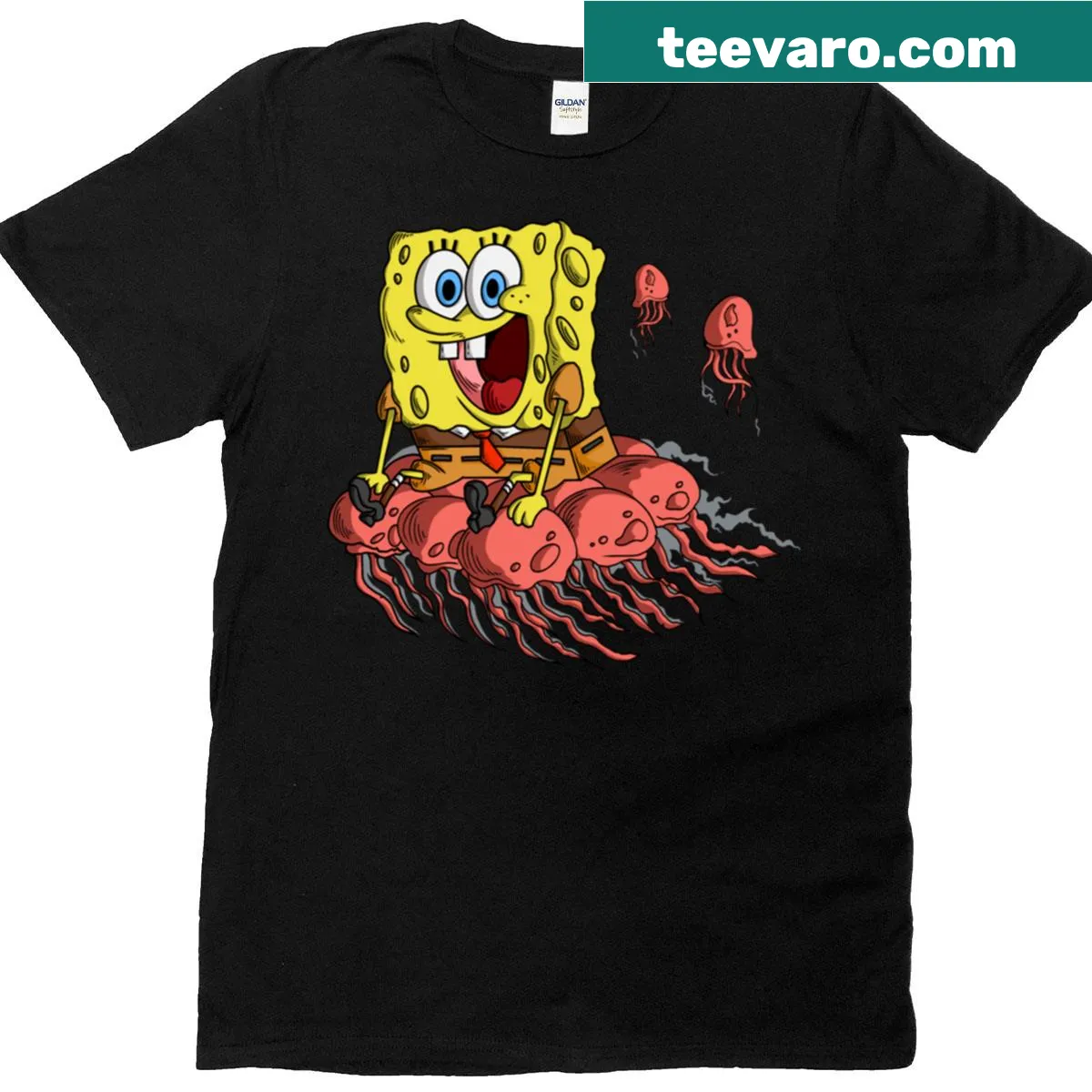 Spongebob interacting with jellyfish on a t-shirt — on a men's t-shirt