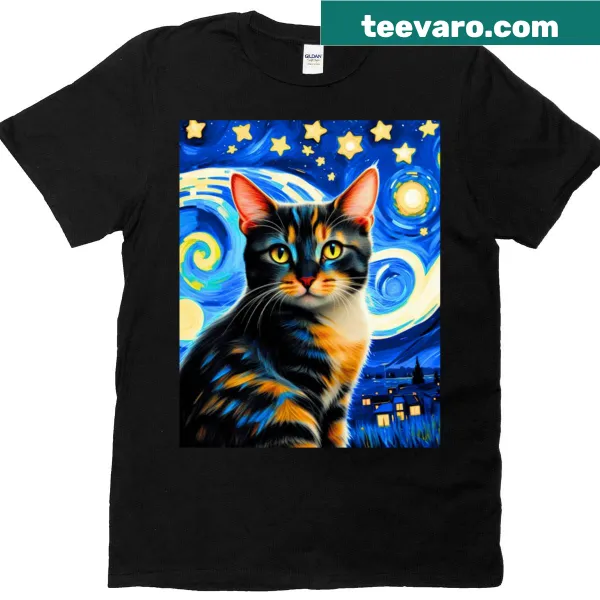 Illustrated cat under a starry night sky on a T-shirt