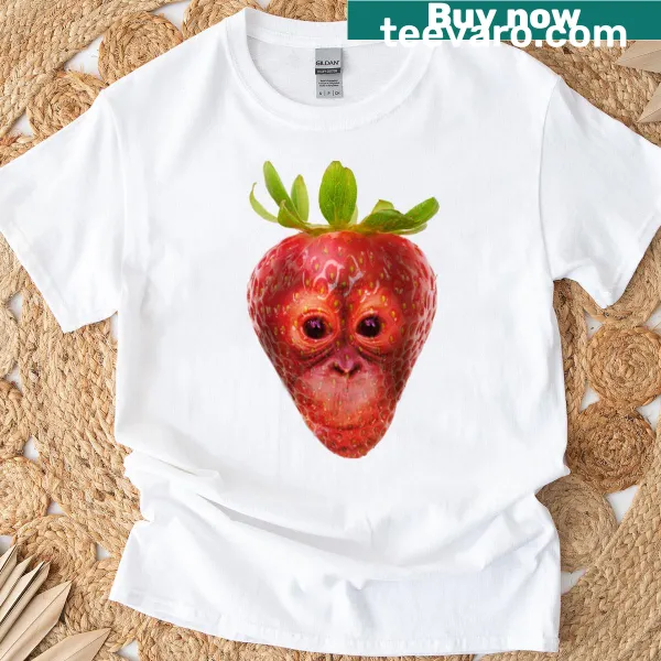 Cute T-shirt featuring an orangutan with strawberries, designed for kids.