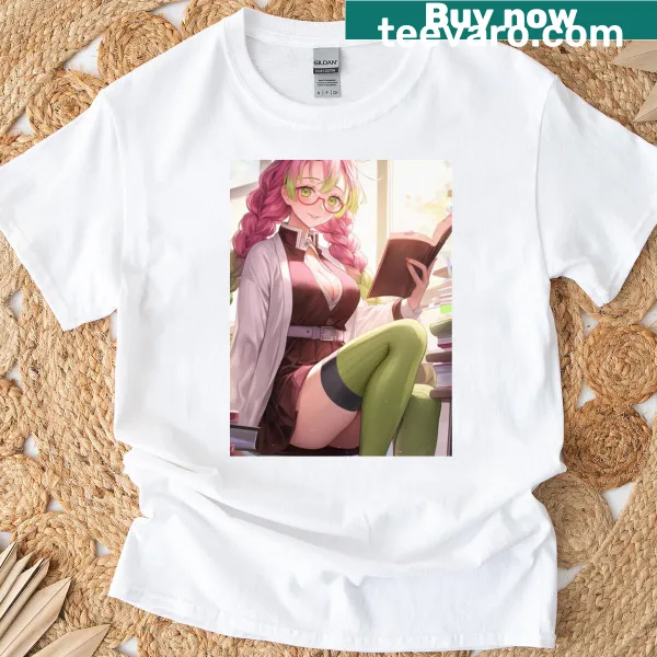 Studying-themed Mitsuri character illustration on a T-shirt