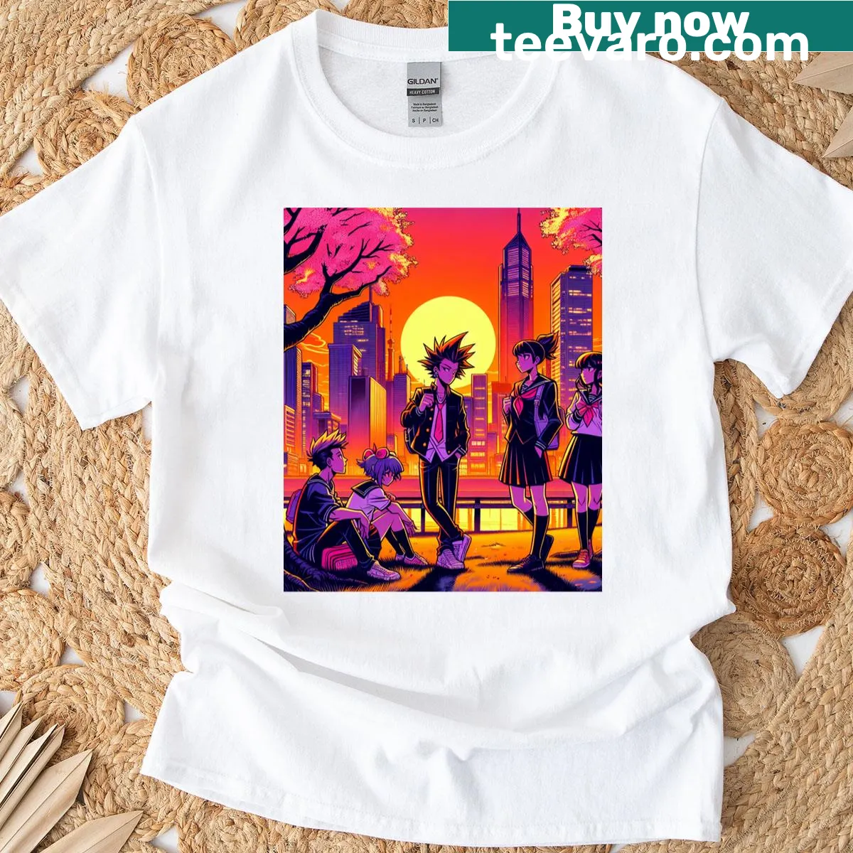 Vintage-style Long T-shirt with sunset skyline graphic — on a men's t-shirt