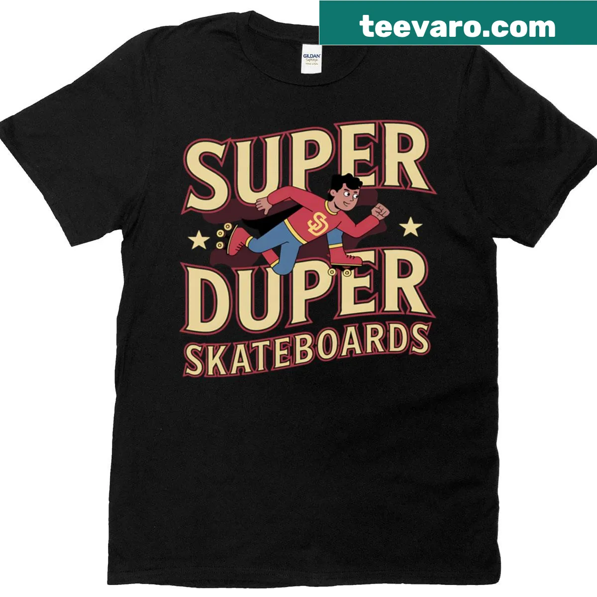 Playful Super Duper Skateboards graphic t-shirt — on a men's t-shirt