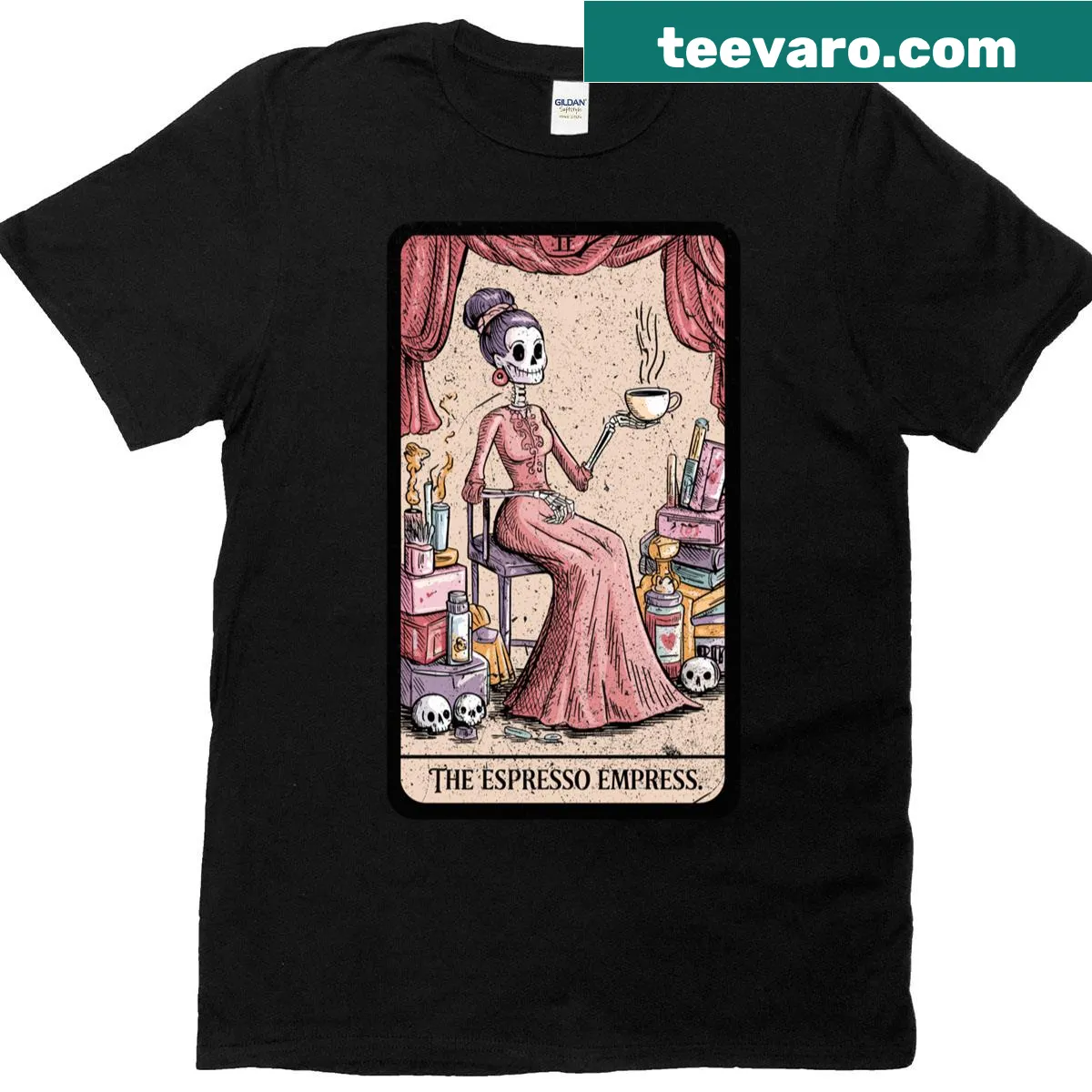 Funny Gothic Coffee Lover t-shirt with 'Espresso Empress' text — on a men's t-shirt