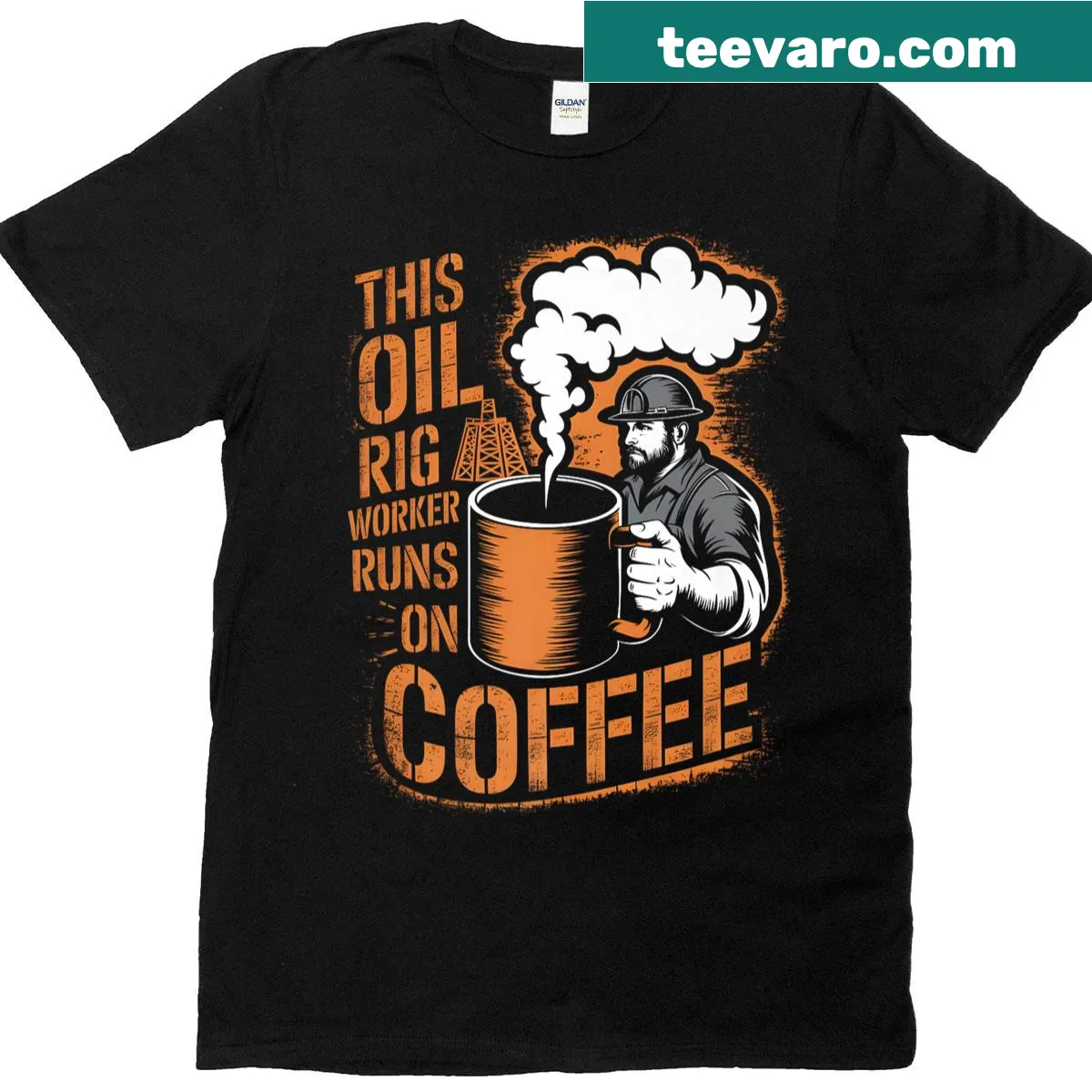 Typography design stating 'Runs On Coffee' for oil rig workers on a T-shirt — on a men's t-shirt