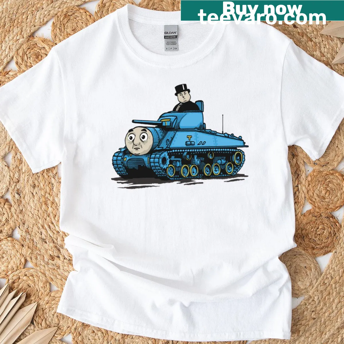 Cartoon illustration of Thomas The Tank on a casual T-shirt — on a men's t-shirt