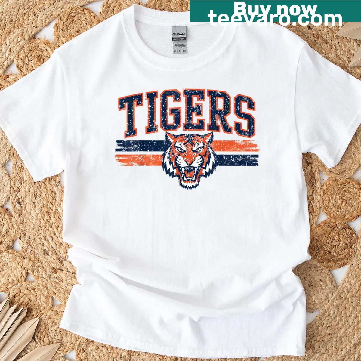 Vintage-style T-shirt featuring playful tiger graphics — on a men's t-shirt