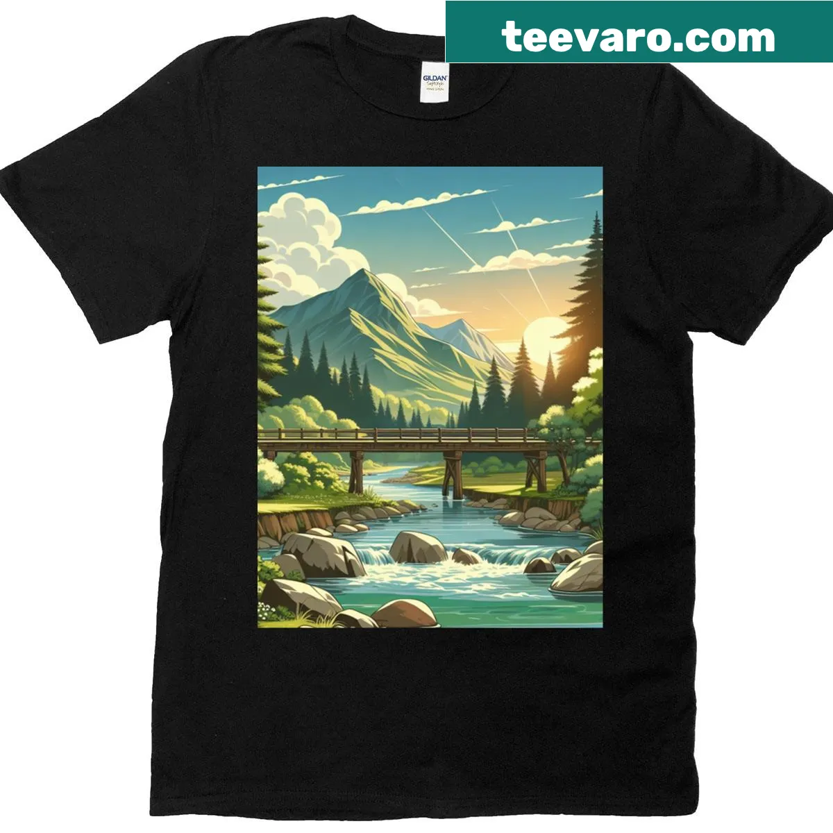 Graphic t-shirt with a tranquil mountain sunrise design — on a men's t-shirt