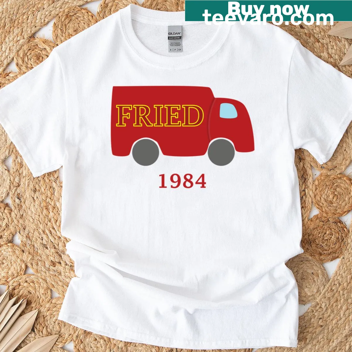 T-shirt featuring a truck graphic with playful text — on a men's t-shirt
