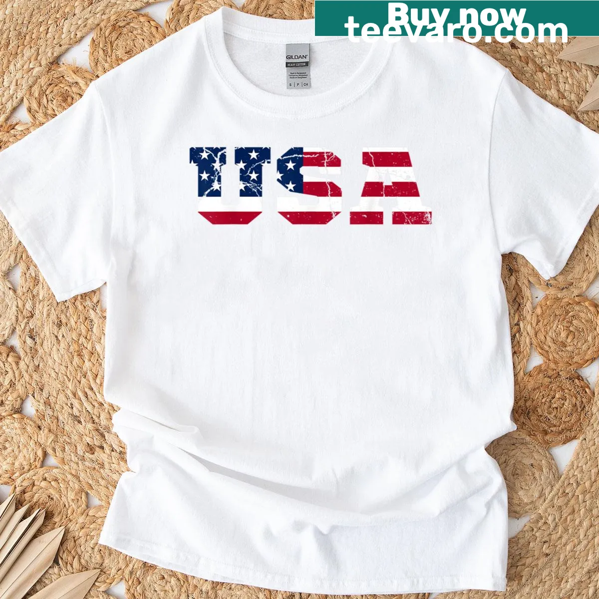 American flag July 4th T-shirt with stars and stripes graphic — on a men's t-shirt