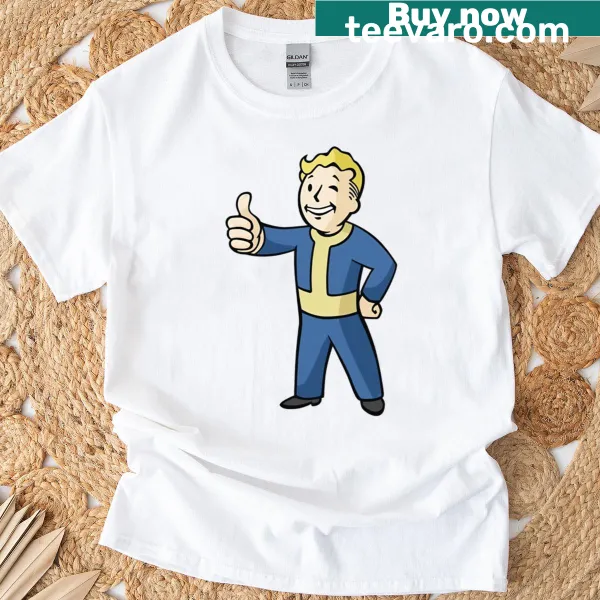 Cartoon Vault Boy giving a thumbs up graphic on T-shirt