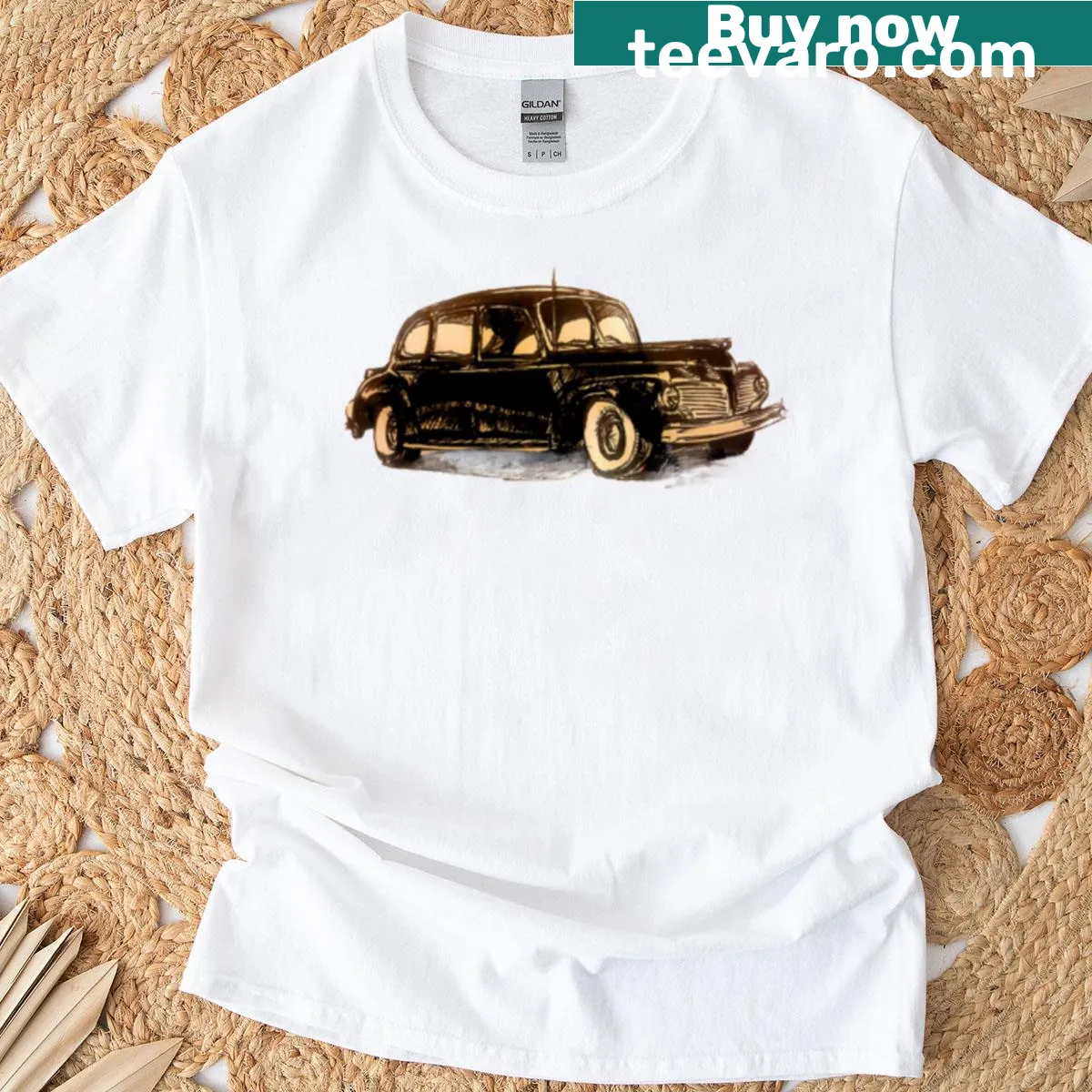 Vintage illustration of a classic black car on a T-shirt — on a men's t-shirt