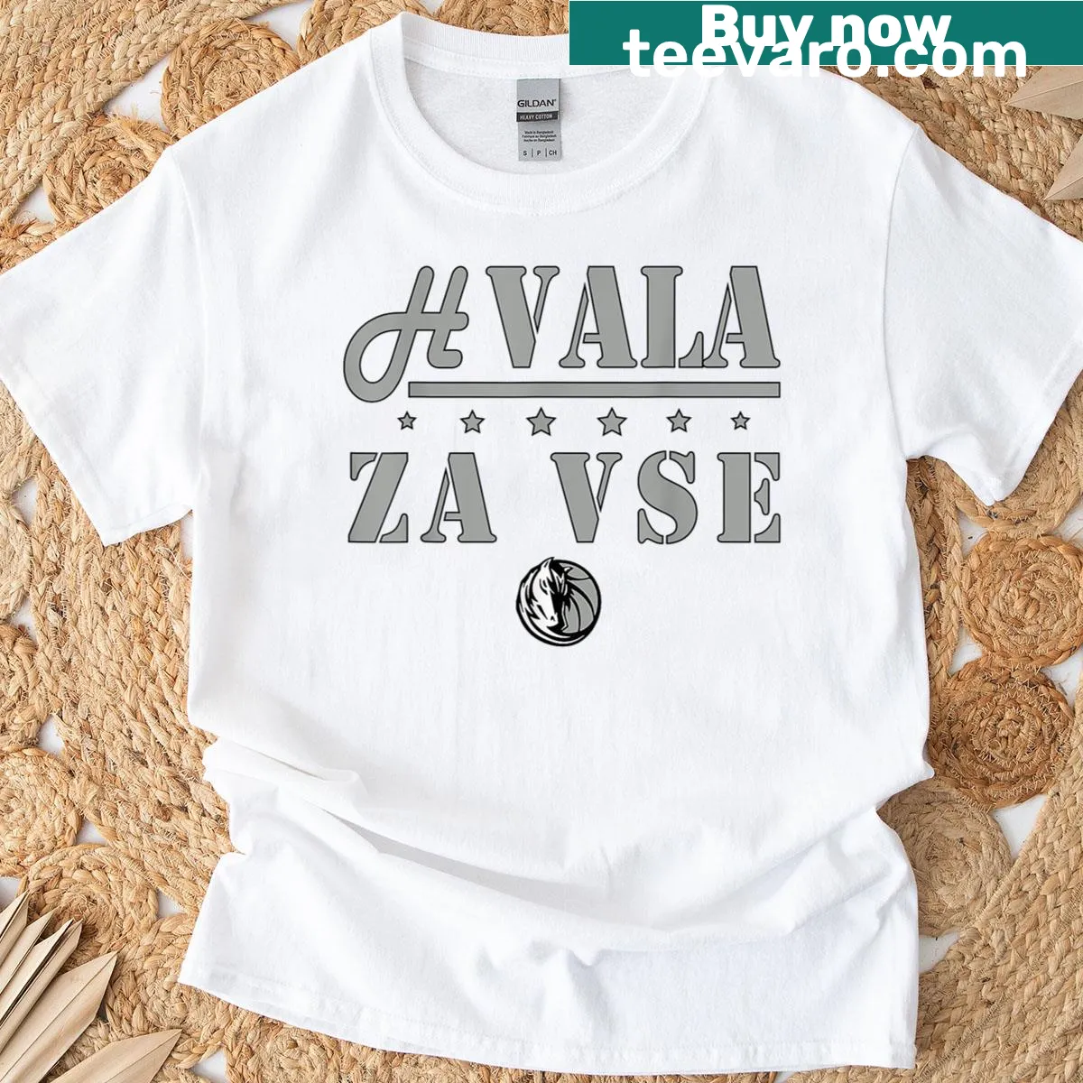 Hand-lettered 'Hvala Za Vse' vintage T-shirt design — on a men's t-shirt
