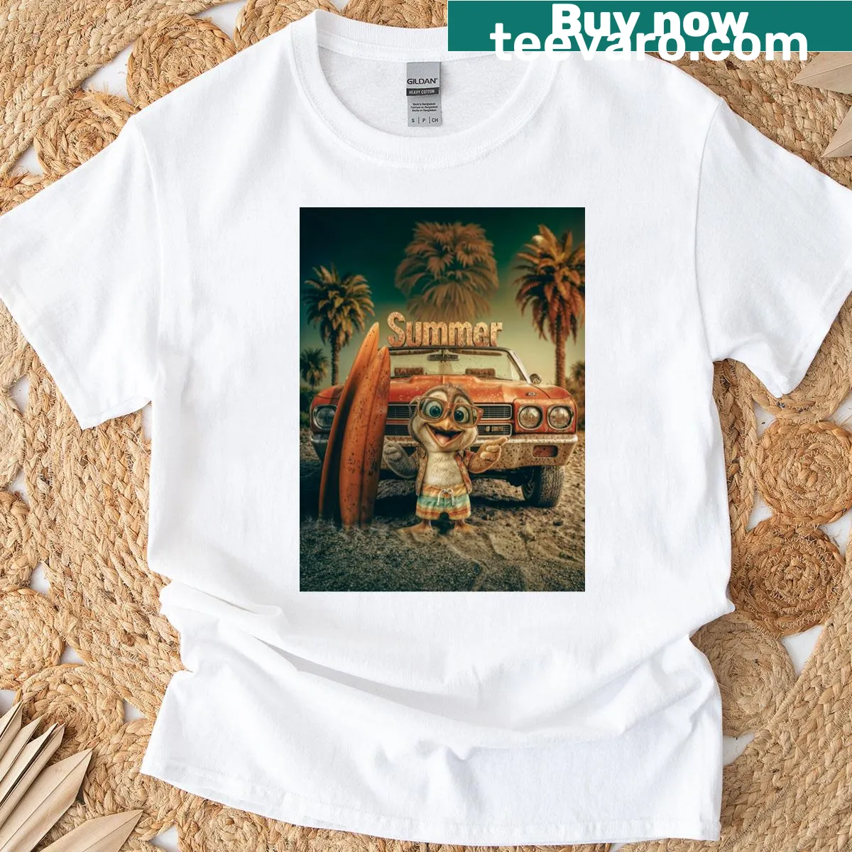 Playful summer penguin graphic on T-shirt — on a men's t-shirt