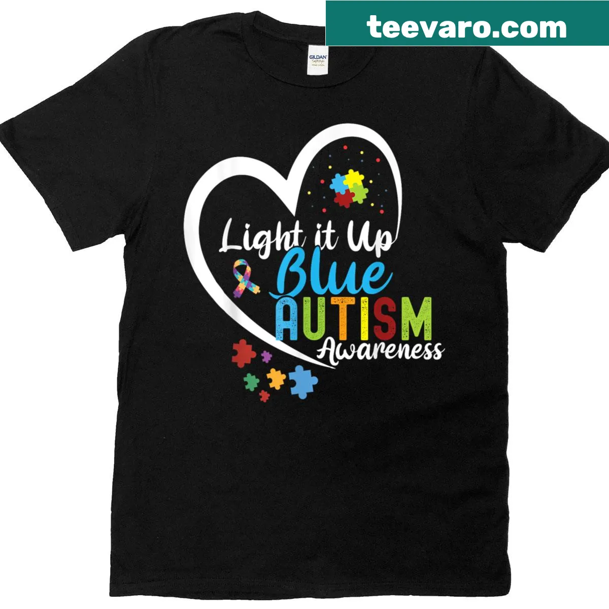 Autism Awareness t-shirt with blue puzzle piece design — on a men's t-shirt