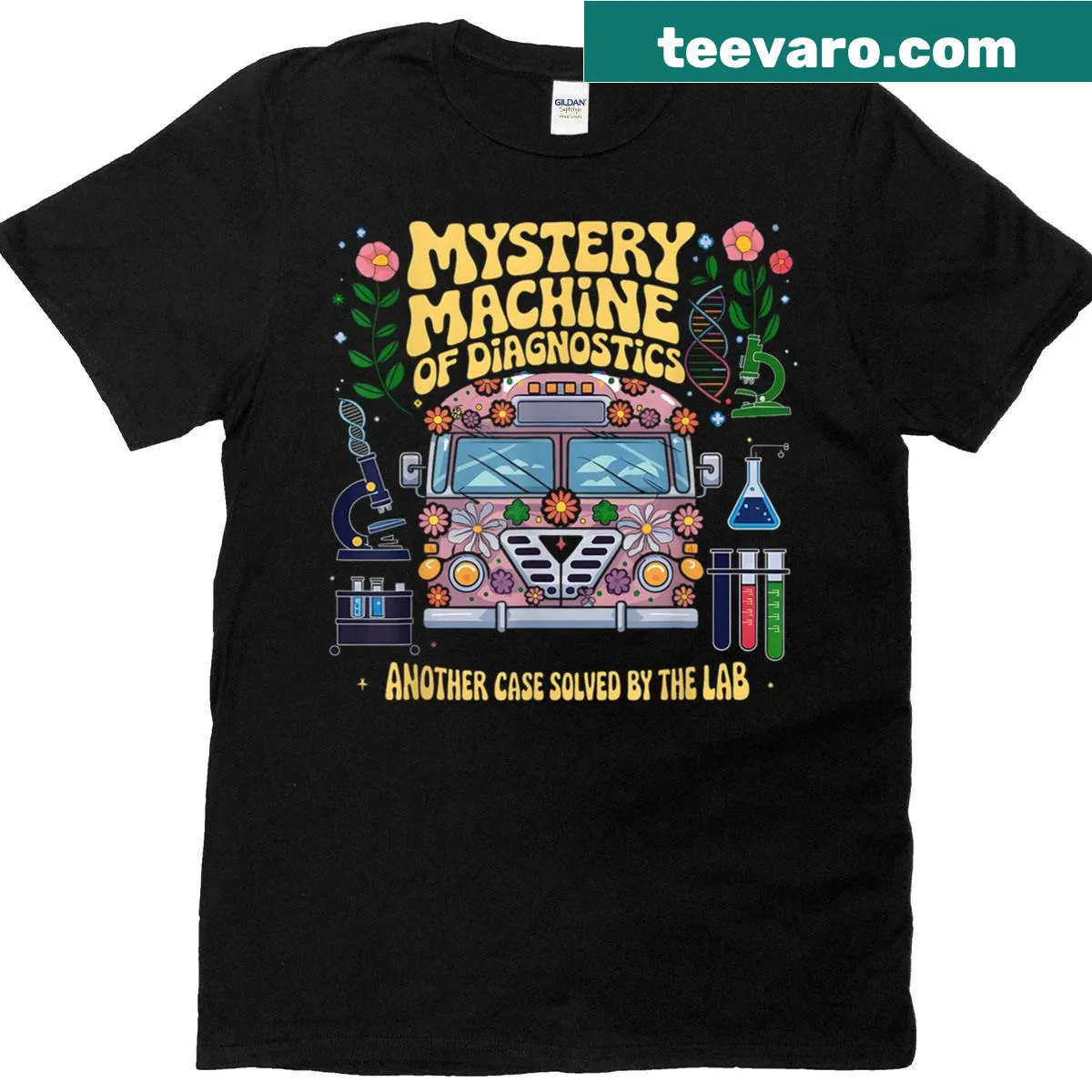Playful diagnostics lab tech t-shirt with Mystery Machine graphic — on a men's t-shirt