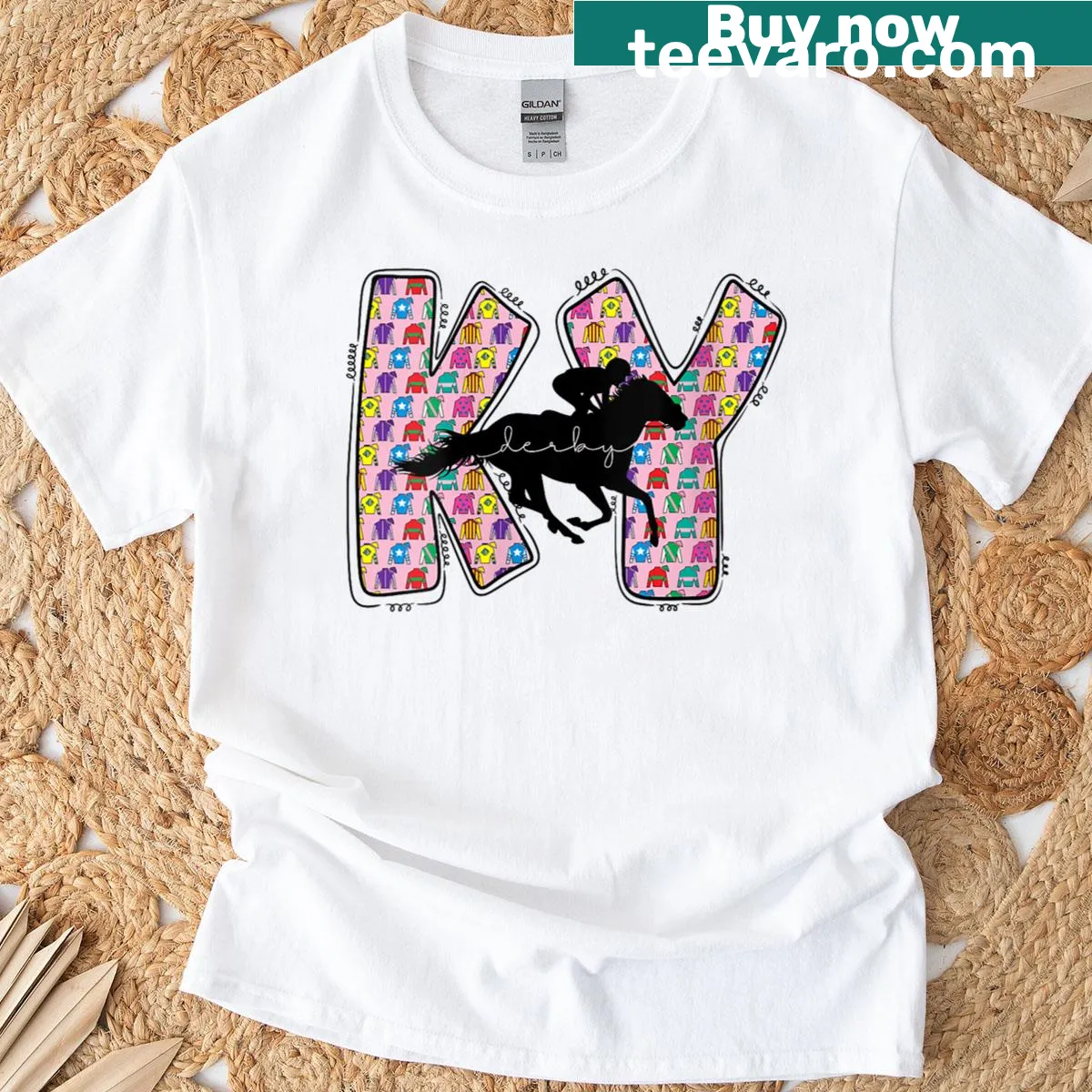 Playful horse racing themed T-shirt with 'Talk Derby To Me' text — on a men's t-shirt