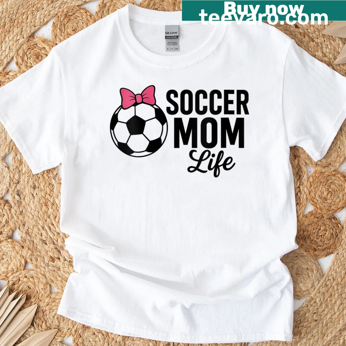 Illustrated Soccer Mom T-shirt with pink bow and soccer ball — on a men's t-shirt
