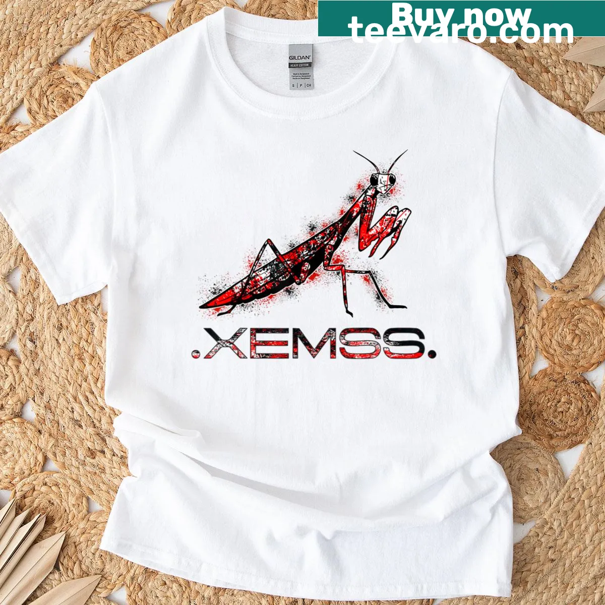 Edgy praying mantis graphic T-shirt in streetwear style — on a men's t-shirt
