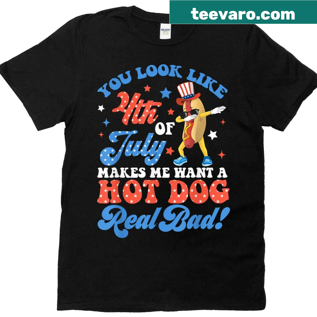 Funny 4th Of July t-shirt with playful hot dog themed text. — on a men's t-shirt