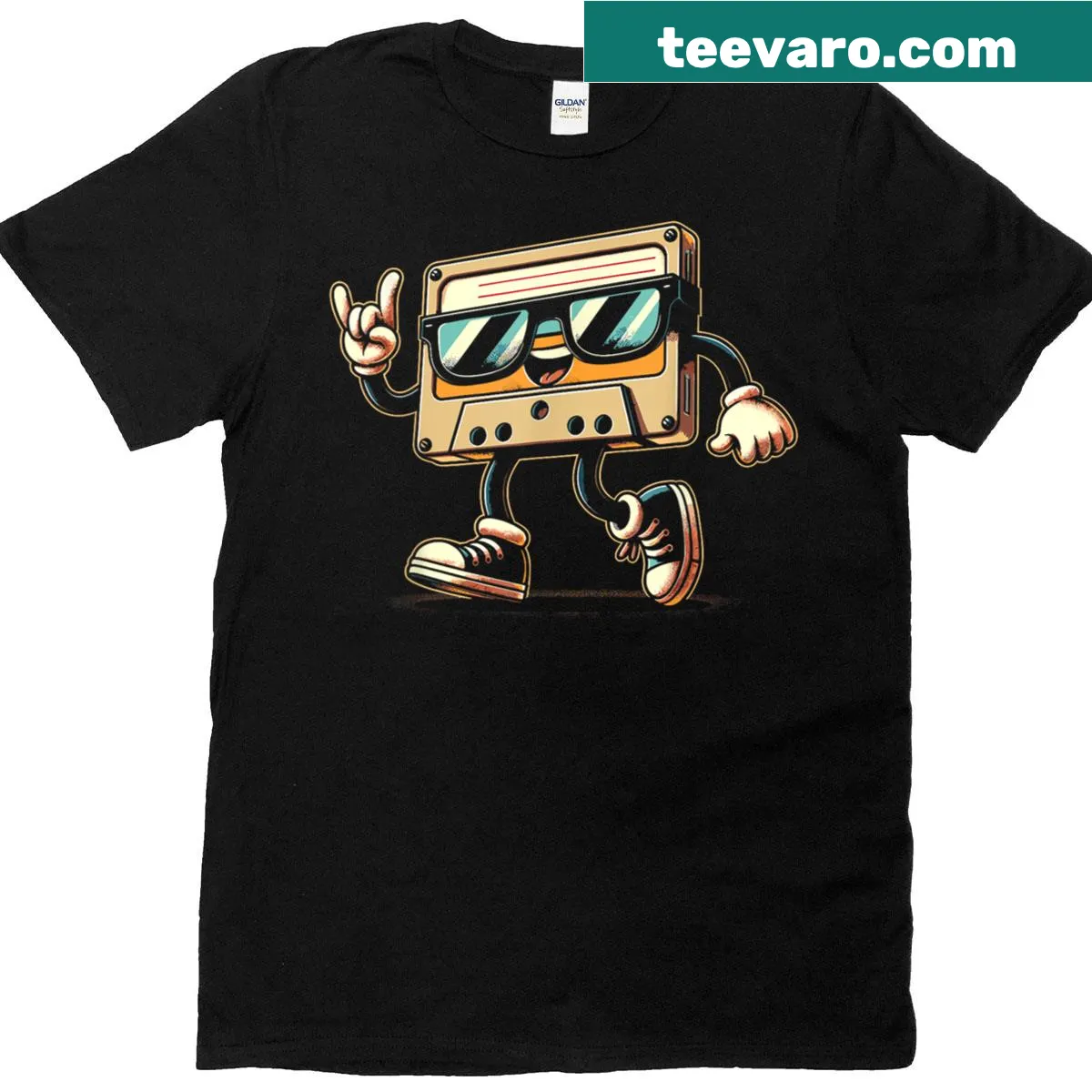 Retro-style T-shirt featuring an audio cassette tape graphic — on a men's t-shirt