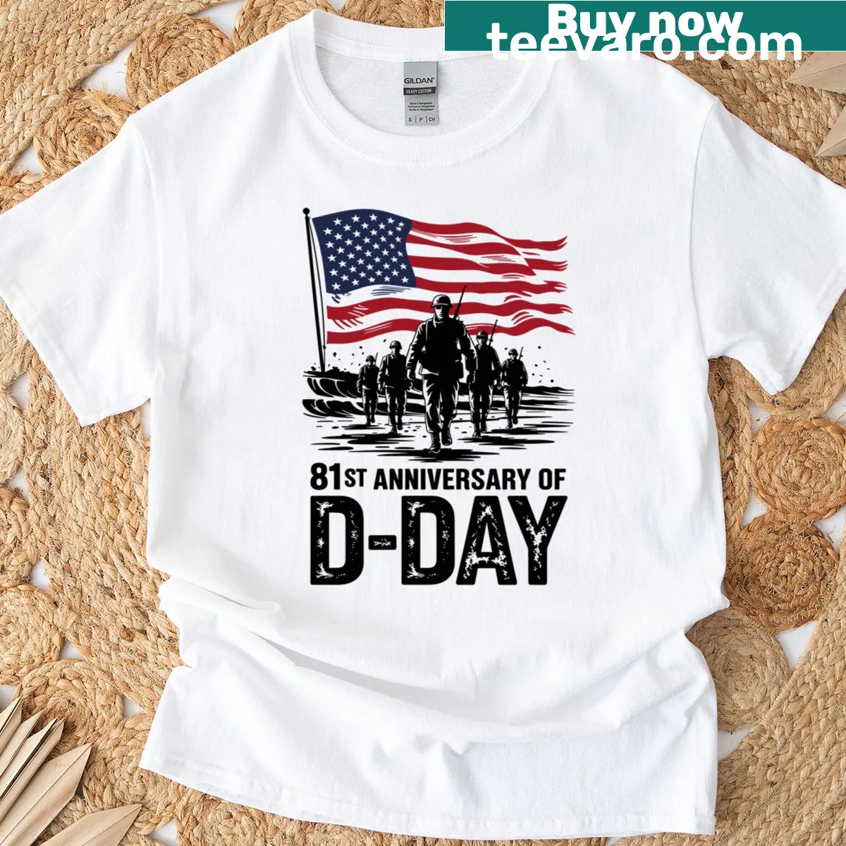 Tribute t-shirt featuring US flag and D-Day memorial text — on a men's t-shirt