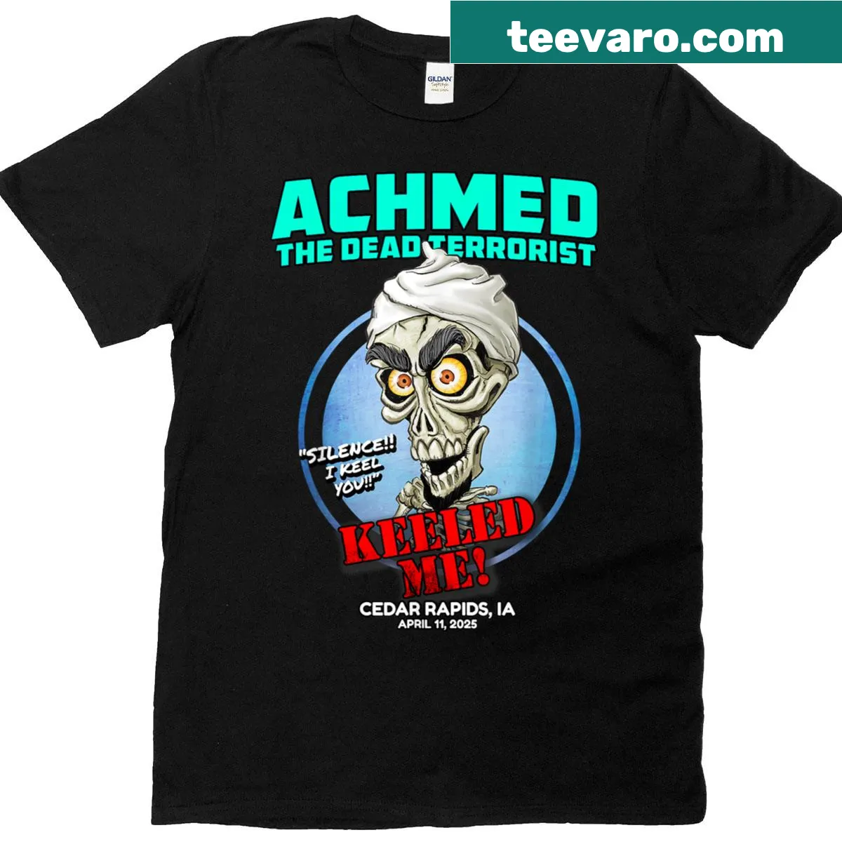 Funny t-shirt featuring Achmed the Dead Terrorist design with Cedar Rapids, IA — on a men's t-shirt