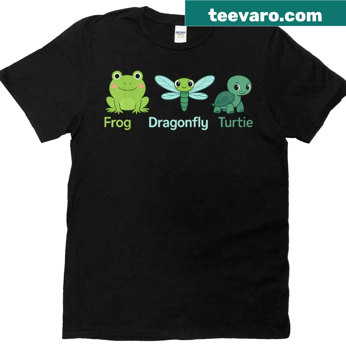 Illustration featuring a frog, dragonfly, and turtle in a nature scene — on a men's t-shirt