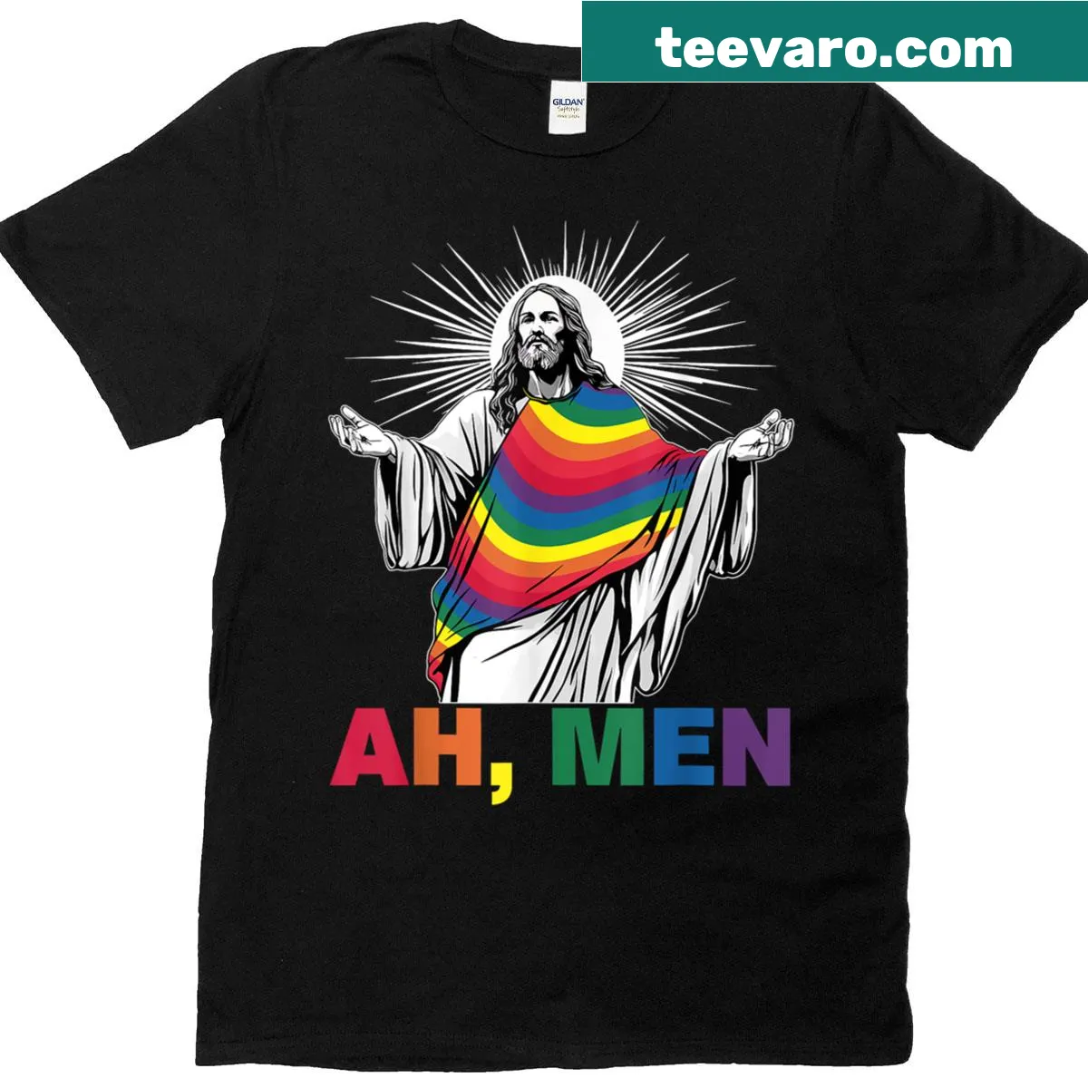 Christian-themed shirt with rainbow text 'Ah Men' for LGBTQ+ pride. — on a men's t-shirt