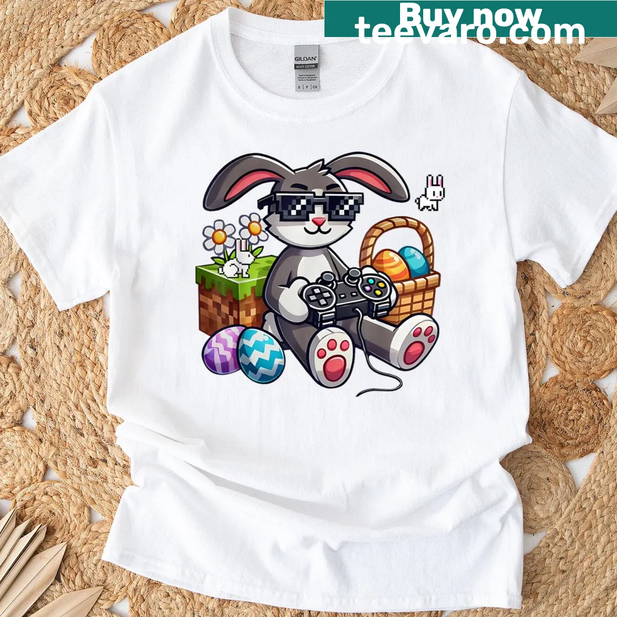 Easter-themed t-shirt with bunny, eggs, and gamer graphics for kids — on a men's t-shirt