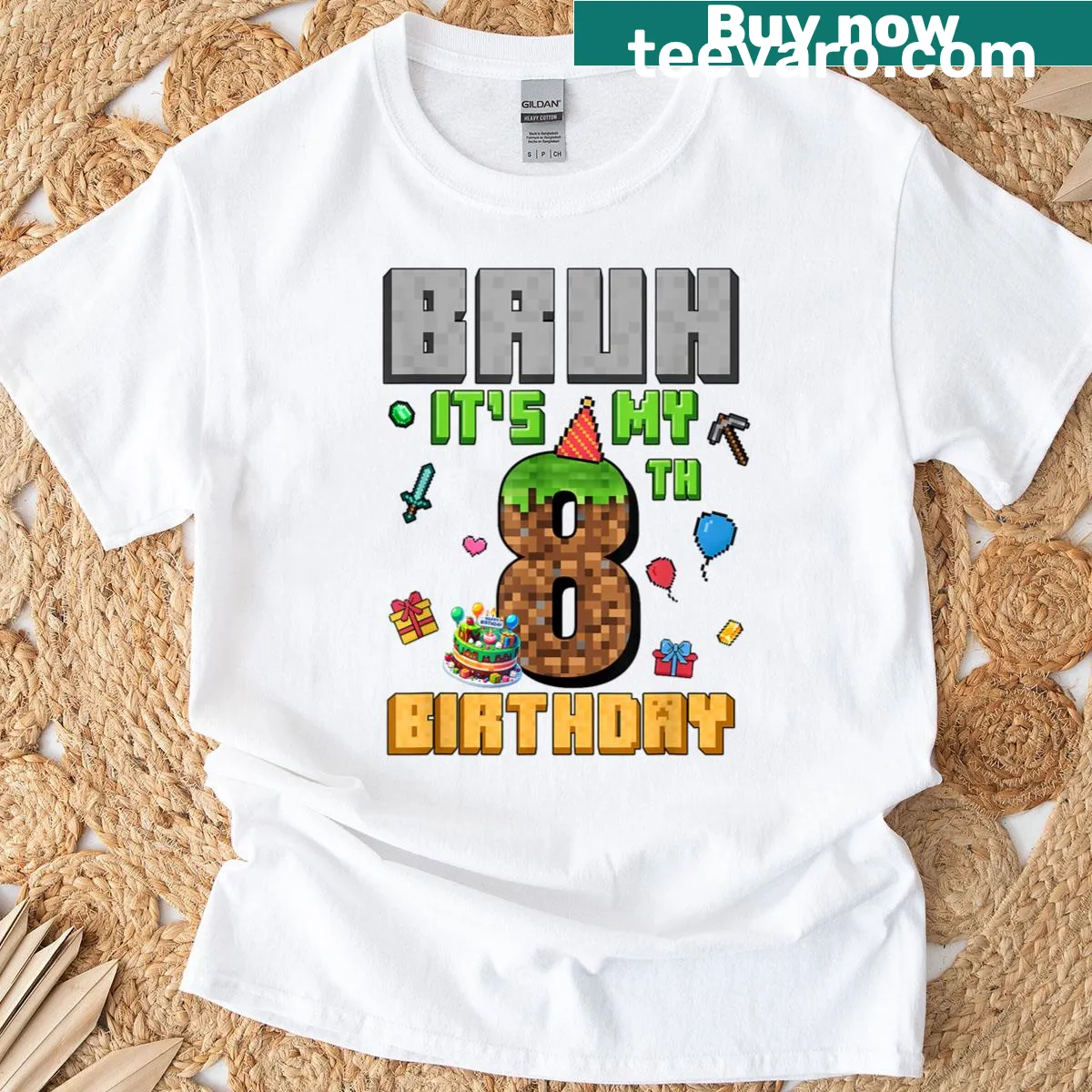 Funny pixelated 8th birthday t-shirt for boys. — on a men's t-shirt