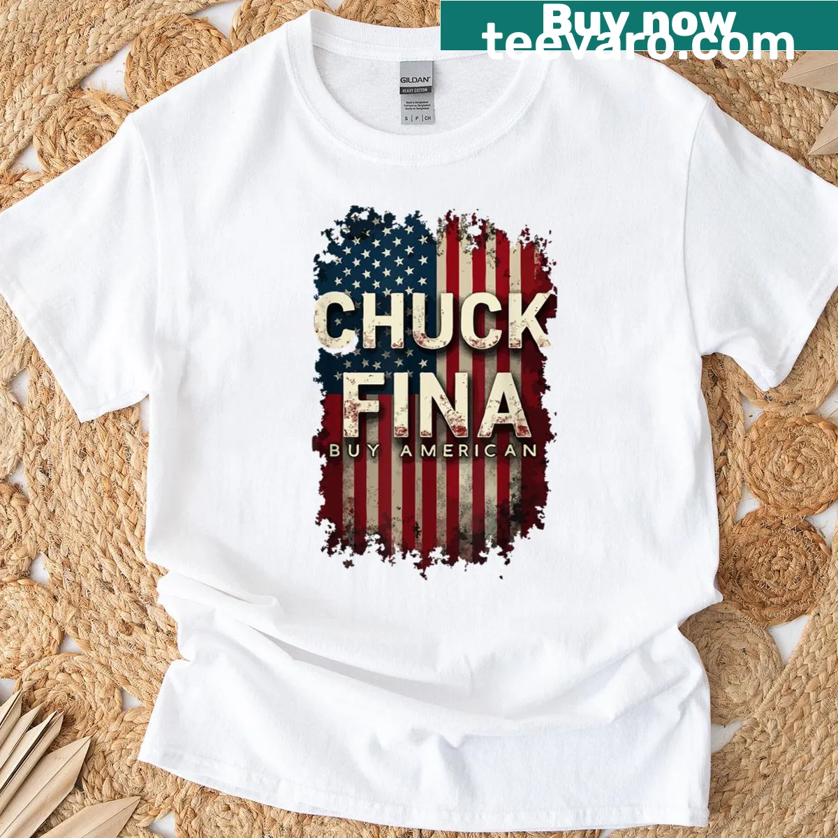 Bold text 'Buy American' T-shirt with a patriotic theme — on a men's t-shirt